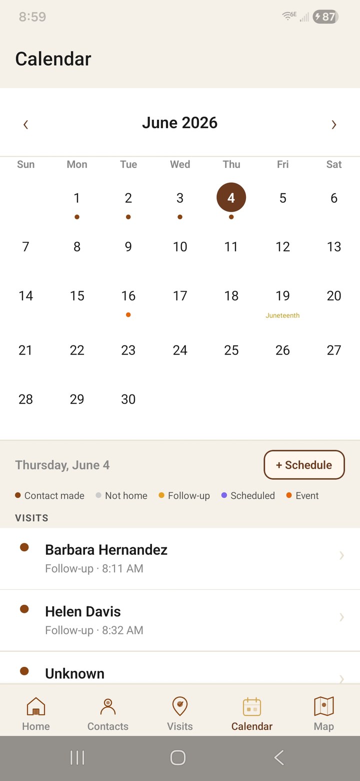 VisitKeeper calendar screen showing scheduled follow-up visits