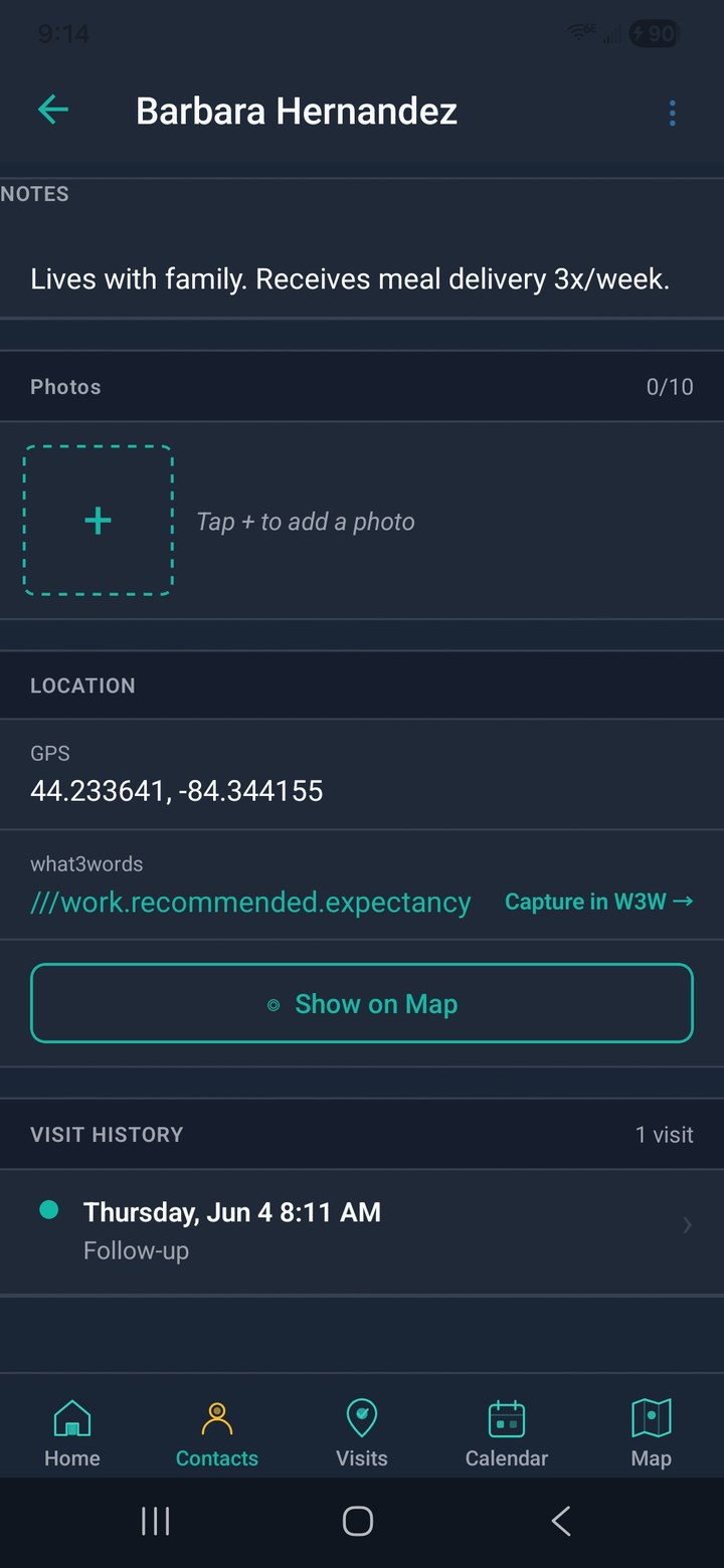 Contact detail screen showing visit context, notes, location, and visit history