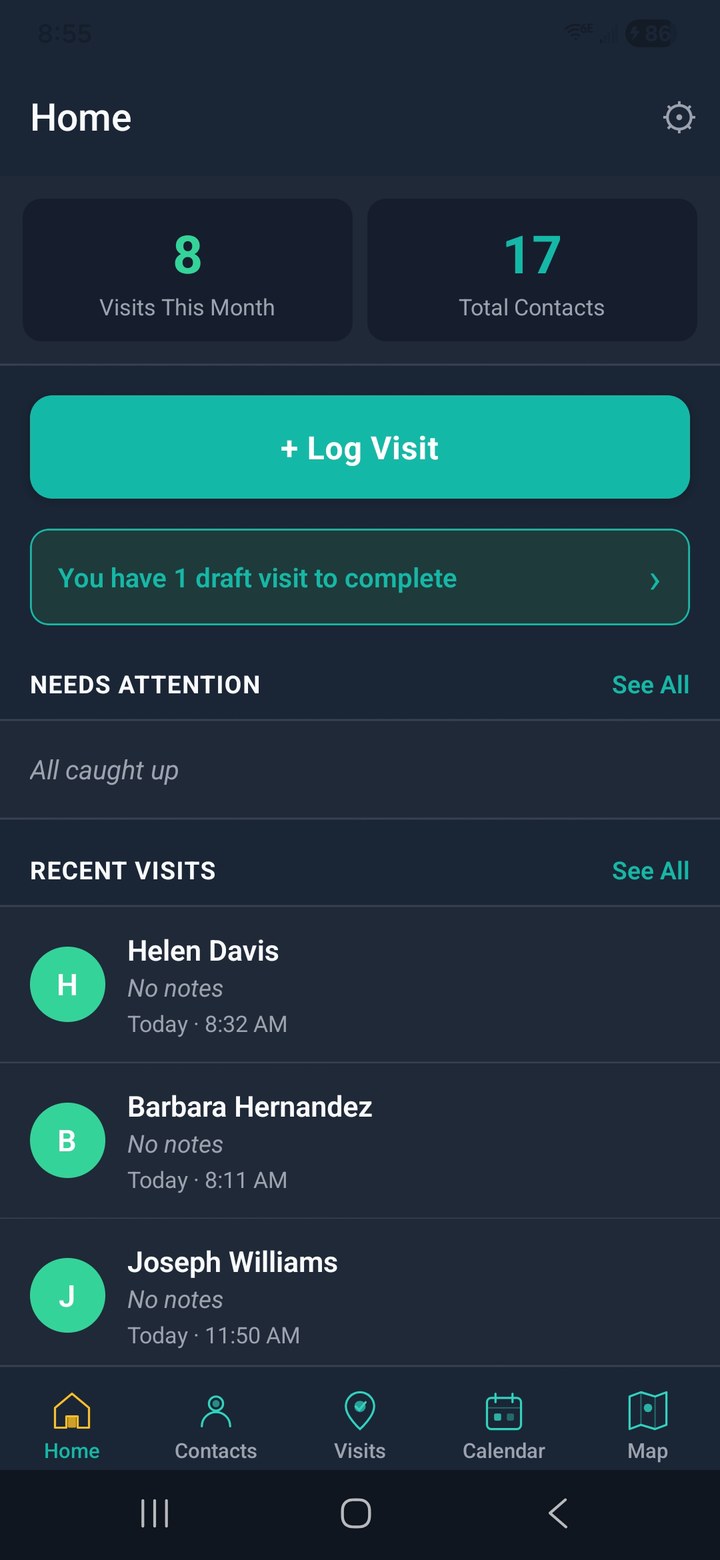 VisitKeeper home screen showing visit stats, needs attention, recent visits, and log visit action