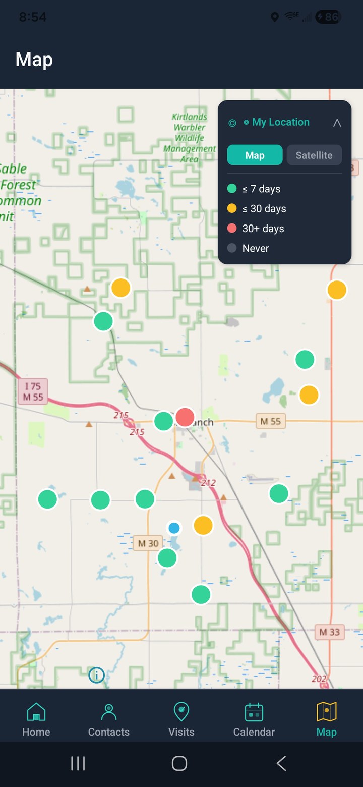VisitKeeper map screen showing field visit locations