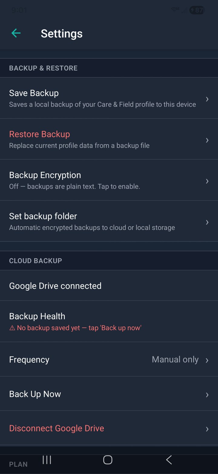 VisitKeeper backup settings screen showing encryption, backup health, and cloud backup options