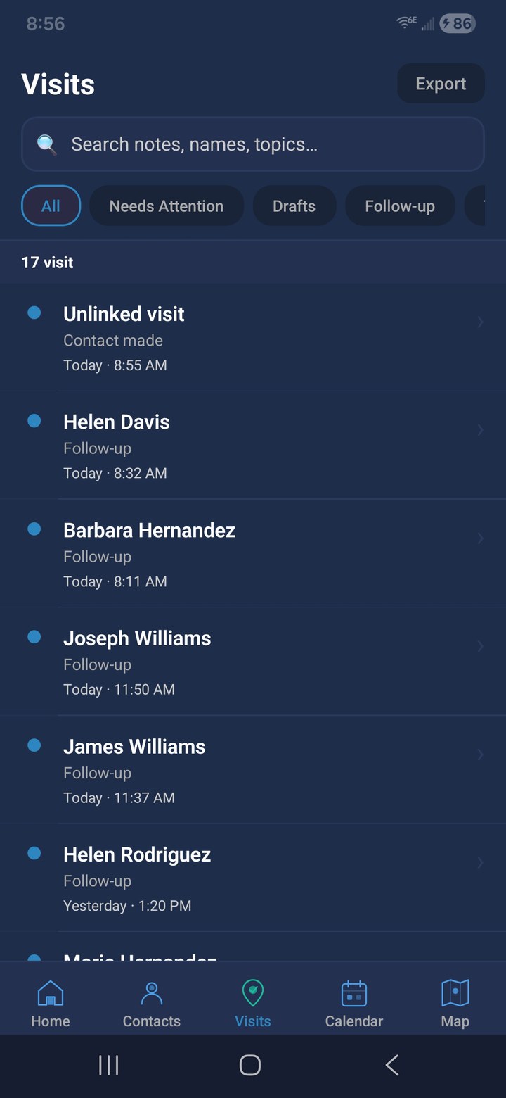 VisitKeeper visits screen showing searchable visit records and follow-up status